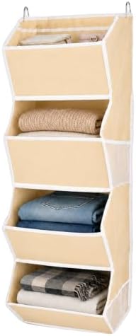 4-Shelf Hanging Closet Organizer and Storage, Fabric Storage Bins Bedroom Organization with Mesh Pockets, Collapsible Hanging Shelves Wardrobe Organization for Home, Dorm, Rv (Beige) by Unknown