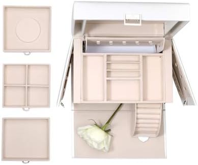 Vlando Mirrored Jewelry Box Organizer, Leather Jewelry Storage Case, Necklaces Earrings Rings Brackets Box Holder, Pearl White