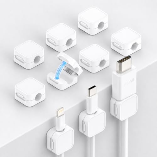 10 Pack Cord Organizer, Magnetic Cable Management, Cord Holder for Desk, Adhesive Cable Clips Wire Keeper for Nightstand, Home, Office, Desktop, Car, Wall (White) by IHIJHD