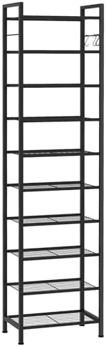 usikey 10 Tiers Narrow Shoe Rack 20-30 Pairs, Sturdy Metal Tall Shoe Rack Shelf with 4 Hooks, Slim Shoe Storage with Metal Shelf, Space Saving Vertical Shoe Organizer for Closet Entryway, Black by USIKEY
