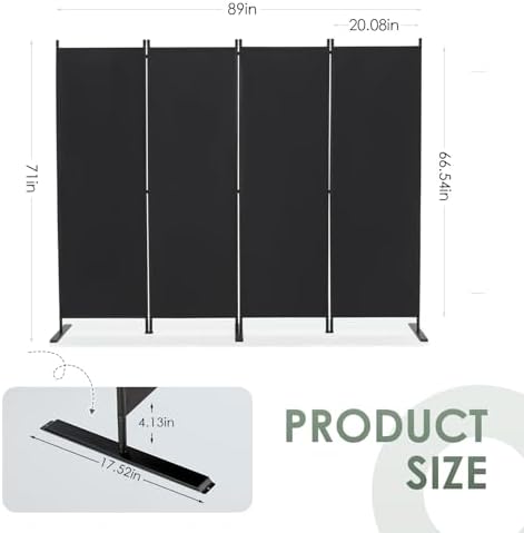 RANTILA 4 Panel Room Divider, 6 FT Folding Privacy Screen with Wide Feet, Freestanding Partition for Room Separation, Portable Room Divider Panel, 89" W x 71" H, Black - Image 3