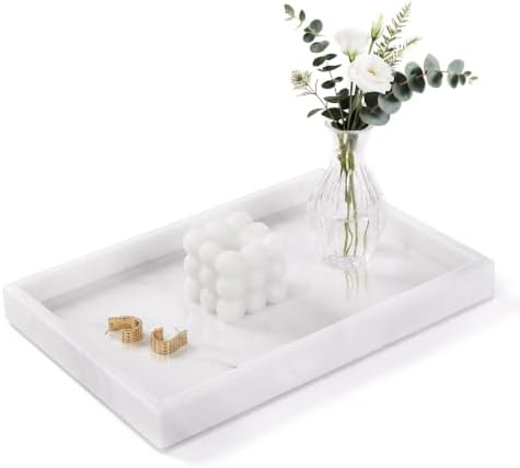 Bathroom Tray for Countertop, Marble Perfume Tray for Dresser Organizer, Marble Tray for Bathroom Counter & Home Decor, Natural Decorative Stone Vanity Trays, 12" x 8", Starry White by Homaura