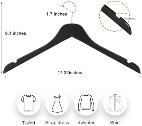 TOPIA HANGER Black Wooden Hangers, 0.28-inch Slim Wood Clothes Hanger with Flat Design and Smooth Notches, Lightweight Space Saving Hangers for Shirt, Coat, Camisole, 10 Pack-Matte Black, CT29B - Image 2