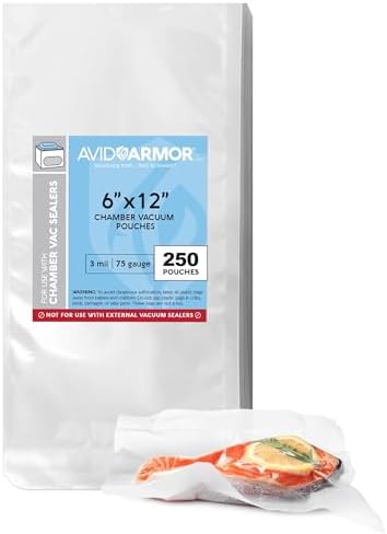 Avid Armor Chamber Vacuum Sealer Bags – Heavy Duty, BPA-Free, Pre-Cut Chamber Vacuum Bags for Food Preservation, Freezer Storage, Sous Vide and more, 250/Pack (6x12) – Multi-Use Vacuum Bags by AvidArmor
