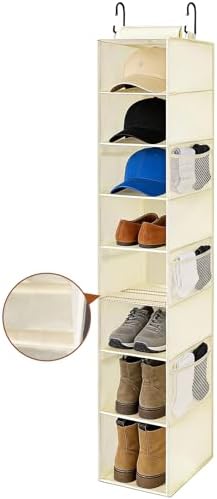 Hanging Shoe Organizer for Closet with 8 Shelves,Mesh Pockets-Wider Hanging Shelves for Shoes,Clothes,Hats with Sturdy Bamboo-Supported Design (Beige) by VERONLY