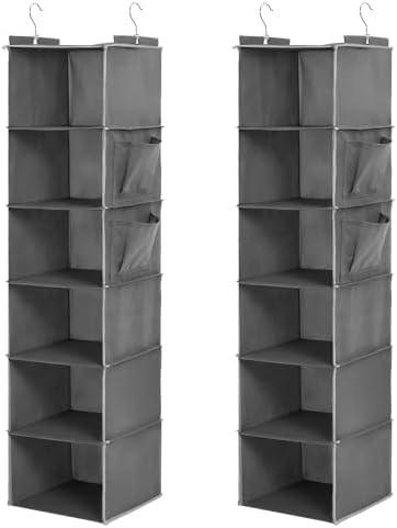 2 Pcs Hanging Closet Organizer, 6-Shelf Storage with 2 Side Pockets and Hooks, for Clothes Sweaters Shoes Accessories, Space-Saving for Dorm RV Small Closet, Grey by Unknown