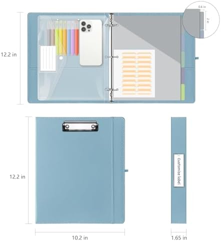 1 Inch 3 Ring Leather Binder Organizer, BVSSX Three Ring Binders with Clipboard, Plastic Folder, 5-Tabs Pocket Dividers with Sticker Labels, Pen Loop, Elastic Strap (Blue, Letter Size) - Image 6