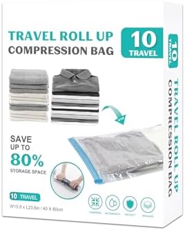 10 Pack Space Saver Vacuum Storage Bags Travel Vacuum Bags for Luggage Clothing Compression Bags for Travel Essentials No Vacuum or Pump Needed by ZOESTORAGE