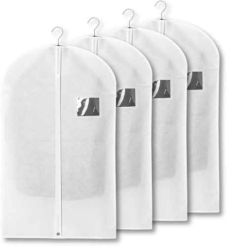 4-Pack Breathable Garment Bags for Hanging Clothes – Dust-Proof Suit & Dress Covers with Clear Window – Waterproof, Foldable Closet Storage Organizer for Coats, Gowns, and Jackets (White, 40") by Unknown