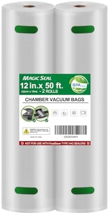 MAGIC SEAL Chamber Vacuum Sealer Bags Rolls - 12’’x50’ Smooth Rolls 2 Pack, BPA Free Great for Food Vac Storage & Sous Vide, Non-Textured, Not Compatible with FoodSaver-Type Vacuum Sealers by MAGICSEAL