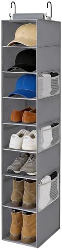 Hanging Shoe Organizer for Closet,8-Shelf Hanging Storage with Side Mesh Pockets,Wider Shelves for Baseball Caps,Clothes (9" W × 11.8" D × 54" H) Grey by VERONLY