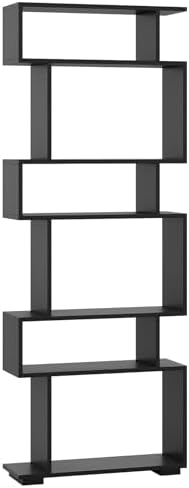 6 Tier S Shaped Bookshelf, Wood Geometric Bookcase, Modern Room Divider and Display Shelf, 64" Tall Staggered Bookshelf for Bedroom Living Room Office Study (1, Black) - Image 7