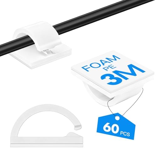 60 pcs Adhesive Cable Clips, White Small, Cord Holder, Cord Clips for Wires on wall, Ethernet Cable, Christmas Lights, USB, Phone Chargers, TV, Desk, nightstand, Car, Office by KnotKing