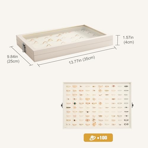 Lolalet Jewelry Organizer Tray with Lid, 100 Grids Velvet Ring Organizer Holder Storage Box for Drawer -Beige - Image 6