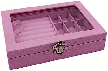 Colorsheng Velvet Glass Jewelry Ring Display Stand Storage Box Rings Earrings Jewelry Box Ring Holder Case (Pink) - Image 3