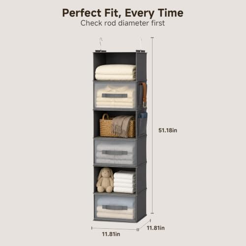 6-Shelf Hanging Closet Organizer with 3 Drawers & Side Pockets, Gray - Image 3