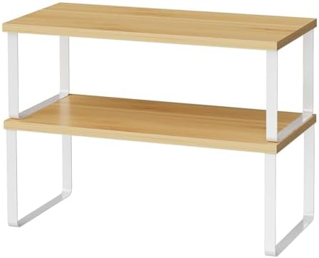 OGEMXU Cabinet Shelf Organizers, 15.7 inches Large Kitchen Counter Shelf, Set of 2 Wood Kitchen Pantry Organizer, Storage Shelves for Countertop, Spice Rack, Stackable, Expandable, Metal White, Nature by OGEMXU