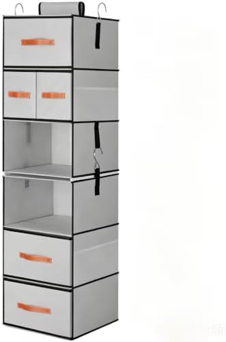 Hanging Closet Organizer 6-Shelf, Upgrade Closet Organizers and Storage with 5 Removable Drawers & 4 Side Pockets, Hanging Shelf Organizer for Bedroom or Garment Rack, 12.6'' x 12.6'' x 44.1'', Gray by LOVSTORAGE