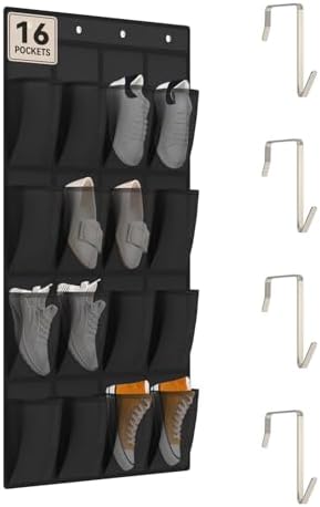dodowin Over the Door Shoe Organizer, 16 Mesh Pockets, 4 Hooks, Black by dodowin