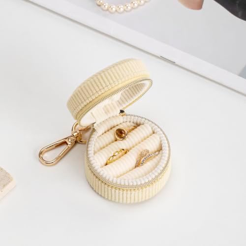 Ring Box & Holder with Keychain, Mini Velvet Jewelry Travel Case, Small Organizer for Earrings Necklaces, Engagement Wedding Couples Gift for Women Bride (Yellow) - Image 4