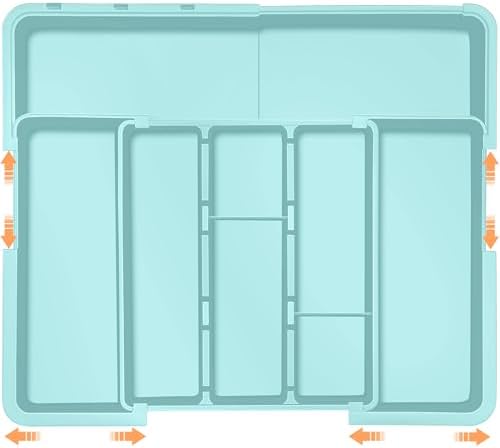 Large Utensil Drawer Organizer Expandable Silverware Organizer for Kitchen Drawer Adjustable Cooking Utensil Holder Cutlery Flatware Tray Spatula Tools Gadgets Storage Dividers Plastic Turquoise by Spaclear