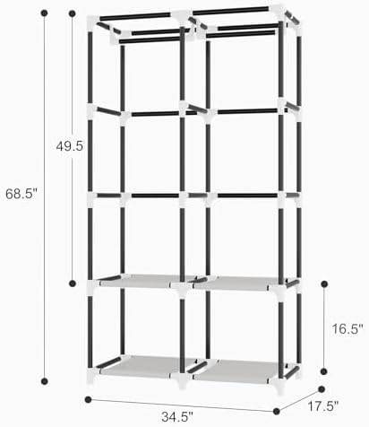 Portable Closet for Hanging Clothes, Portable Wardrobe Closet with Cover, 4 Storage Shelves, 2 Hanging Rods and 8 Side Pockets, Easy Assembly and Sturdy Free Standing Closet for Bedroom, Grey - Image 3
