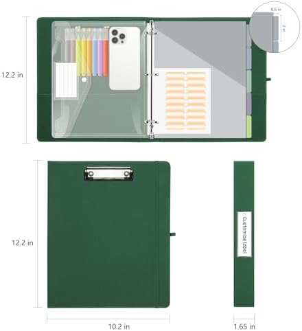 1 Inch 3 Ring Linen Binder Organizer, BVSSX Three Ring Binders with Clipboard, Plastic Folder, 5-Tabs Pocket Dividers with Sticker Labels, Pen Loop, Elastic Strap (Green,Letter Size) - Image 6