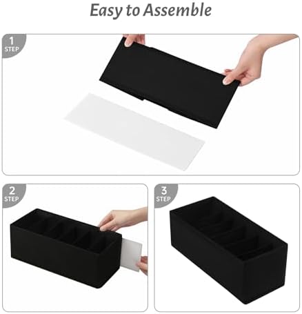 3 Pack Fabric Belt Organizer with 6 Grids per Organizer, Foldable Drawer Organizers for Closet and Drawer, Belt and Tie Holder - Black - Image 6
