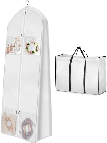 MISSLO Portable 70" Wedding Dress Garment Bag with Bride Tote Bag 8'' Gusseted Dress Bags for Gowns Long 4 Pockets Dress Cover for Women, White by MISSLO