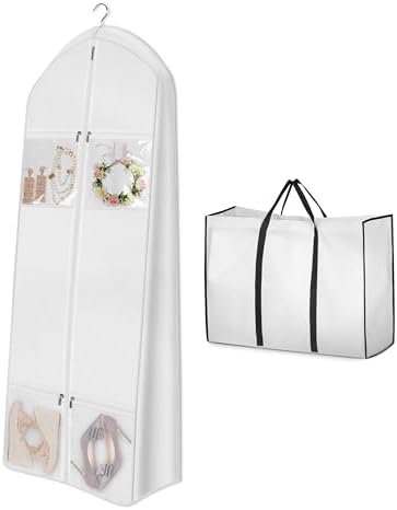 MISSLO 65" Wedding Dress Garment Bag with Bride Tote Bag 6'' Gusseted Dress Bags for Gowns Long 4 Pockets Wedding Dress Storage Bag for Women, White by MISSLO