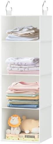 Hanging Closet Organizer with Bamboo Shelves - Foldable Closet Storage for Baby Clothes, Towels, Scarves,Space Saving Shelves Organizer (White) by VERONLY
