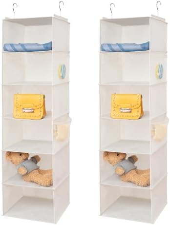 BrilliantJo 6 Shelves Hanging Closet Organizer, 2 Pack Hanging Storage with 4 Side Pockets for Clothes Shoes, 43.5"x12"x12"(Beige) by BrilliantJo