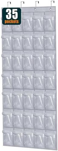 MISSLO 35 Clear Large Pockets Over The Door Shoe Organizer Sturdy Oxford Fabric Hanging Shoe Rack Closet Shoe Holder Hanger, Grey by MISSLO