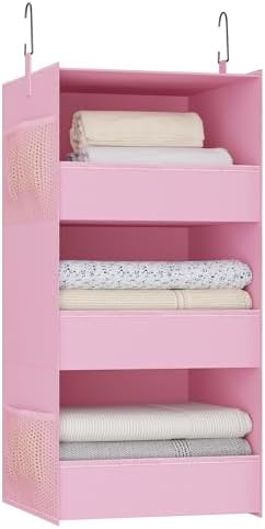 3-Shelf Hanging Closet Organizer, Washable Foldable Storage Shelves, Pink by Bosuelife