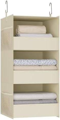 3-Shelf Hanging Closet Organizer, Washable Foldable Storage Shelves, Beige by Bosuelife
