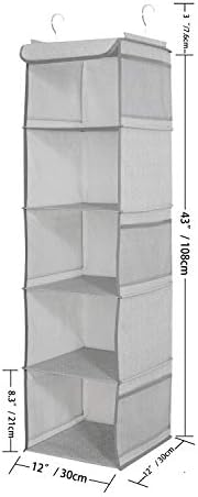 BrilliantJo 5 Shelves Hanging Closet Organizer, 2 Pack Hanging Storage with 6 Side Pockets for Clothes Bags, 43"x12"x12"(Light Gray) - Image 2