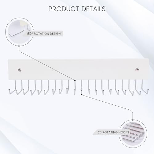 Tie Rack Wall Mounted, 180 Degree Rotating Tie Hanger Belt Holder Organizer Max 20 Storage for Purse, Scarves, Tank Top, Hats, Medals - Image 3