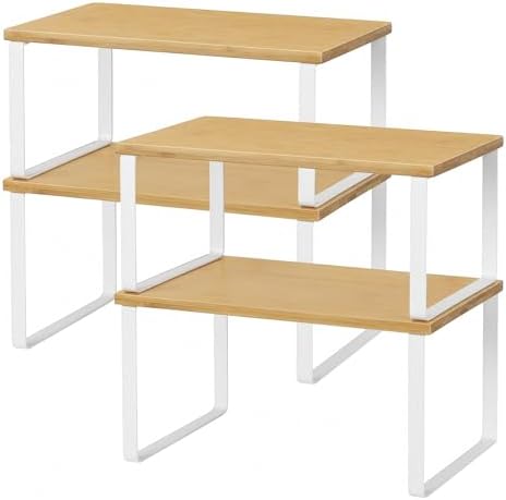 NEX Bamboo Kitchen Cabinet and Counter Shelf Organizer, Stackable & Expandable, Set of 4, White and Natural by NEX