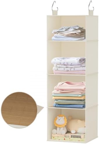 Hanging Closet Organizer and Storage with Bamboo Shelves - Foldable Storage for Clothes, Towels, Accessories | Space Saving, No Assembly Needed (Beige) - Image 4