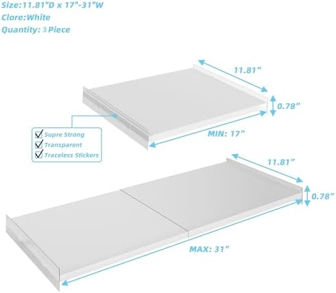 Adjustable Closet Shelves Organizer,3 Pack Expandable Racks for Wardrobe,Cabinet,Storage Tension Shelving for Pantry Cupboard Kitchen (White,W:11.8" D x 17"-31" W,3-PCS) - Image 3