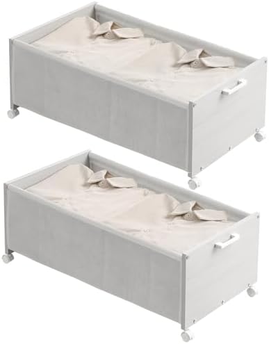 FOUCSSOMEI Under Bed Storage with Wheels, Wooden Under Bed Drawers On Wheels, Rolling Under Bed Shoe Storage, Space Saving,White,Quadruple Size,90L by FOUCSSOMEI