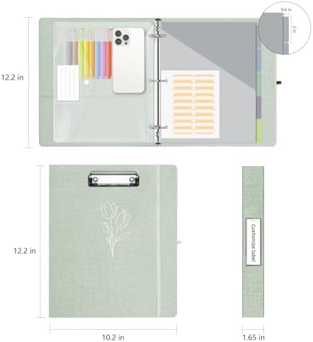 1 Inch 3 Ring Linen Binder Organizer, BVSSX Three Ring Binders with Clipboard, Plastic Folder, 5-Tabs Pocket Dividers with Sticker Labels, Pen Loop, Elastic Strap (Sauge, Letter Size) - Image 6