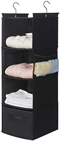 MAX Houser 4-Shelf Hanging Closet Organizer, Space Saver, Cloth Hanging Shelves with 2 Side Pockets, Foldable (Black) - Image 3