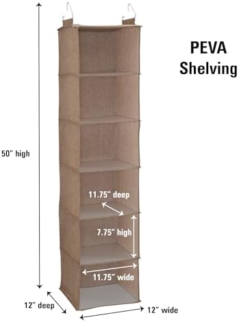 Household Essentials 6 Shelf Hanging Closet Organizer, Hanging Closet Shelf, Fabric Poly Linen and PEVA Shelving, Beige - Image 3
