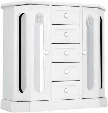 RR ROUND RICH DESIGN Jewelry Box - Made of Solid Wood with Cabinet Type 5 Drawers Organizer and 2 Separated Open Doors on 2 Sides and Large Mirror White