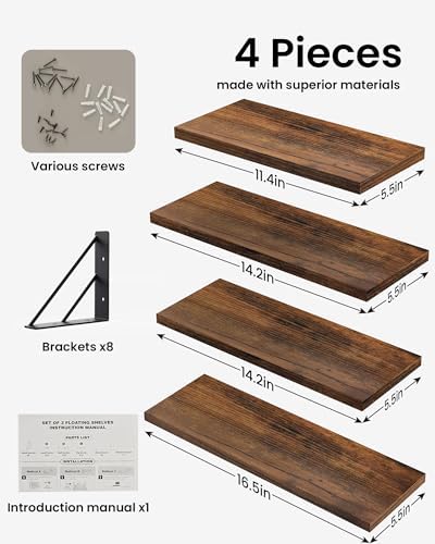 BAYKA Wall Shelves for Bedroom Decor, Floating Wall Shelves for Living Room Kitchen Storage, Mounted Rustic Wood Floating Shelves for Kids Books, Corner Shelf for Bathroom(Rustic Brown，Set of 4) - Image 4