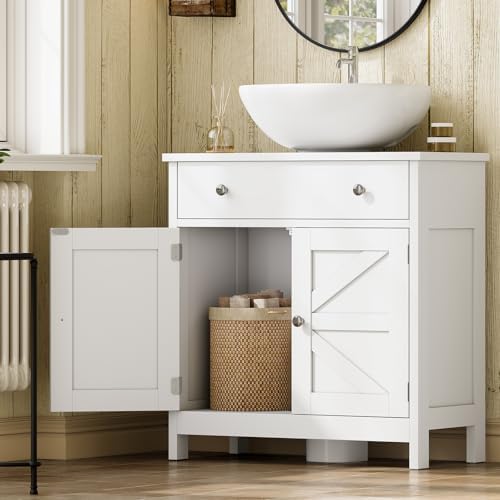 TEENFON Pedestal Sink Storage Cabinet with 2 Barn Doors and Drawer, Bathroom Sink Cabinet with U-Shape Cut-Out, Pedestal Sink Cabinet, White - Image 2