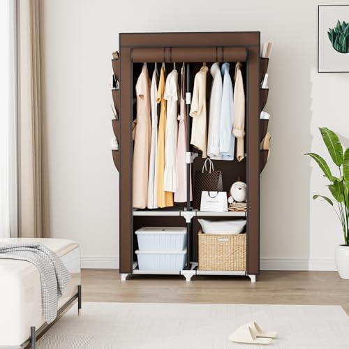 Portable Closet for Hanging Clothes, Portable Wardrobe Closet with Cover, 4 Storage Shelves, 2 Hanging Rods and 8 Side Pockets Easy Assembly and Sturdy Free Standing Closet for Bedroom Brown - Image 2