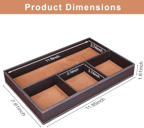 KINGFOM Pu Leather Desk Organizer Tray, 4 Compartment Office Storage Supplies Stationery Drawer Tray, Nightstand Bedside Tray for Key, Wallet, Watch, Coin, Phone Valet Tray Stackable - Image 2