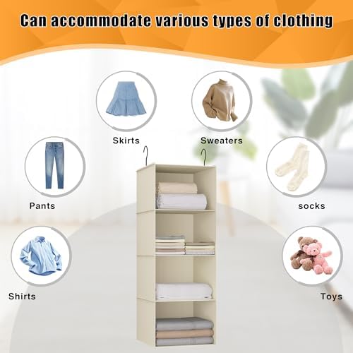 Hanging Closet Organizer 4-Shelf, Oxford Fabric Wardrobe Storage, Beige - Image 7